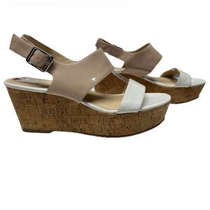 Calvin Klein Lorianne White and Nude Wedges Shiny Formal Tan Platform Wedges